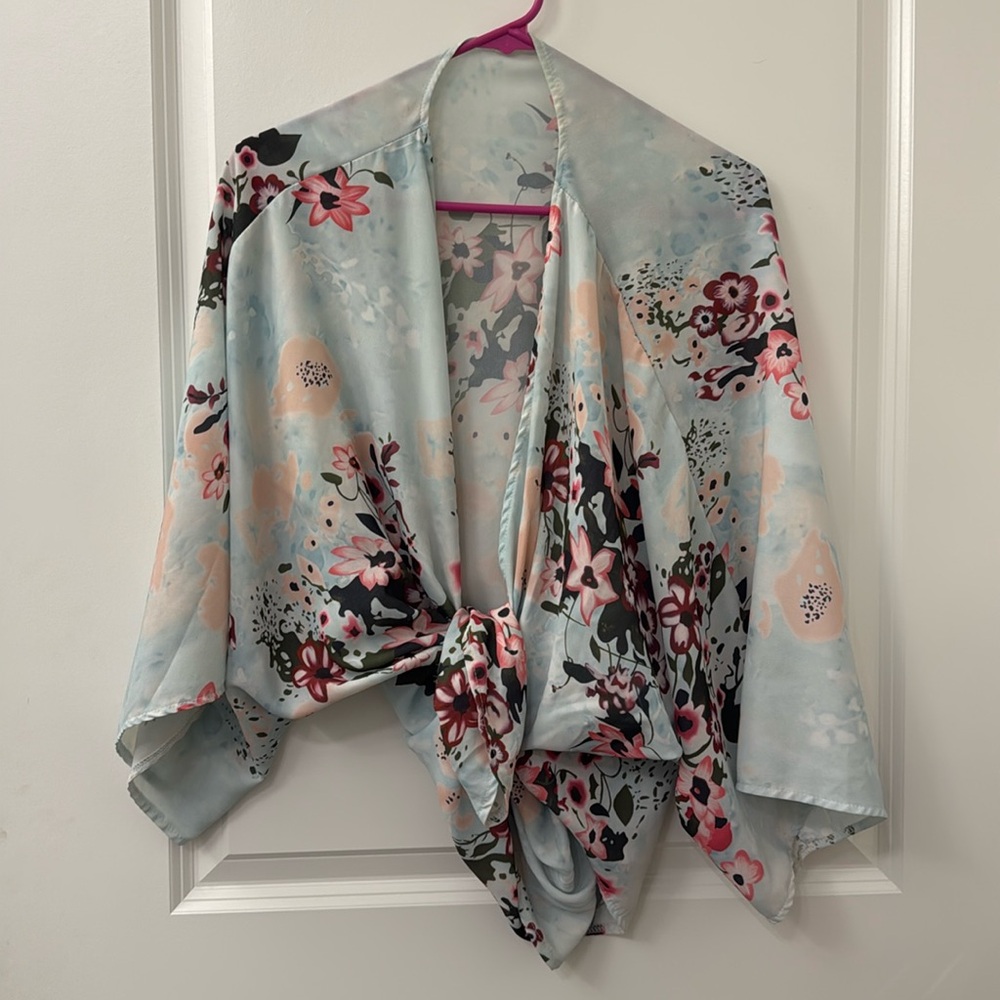 Floral Satin Tie-Waist Kimono – One Size